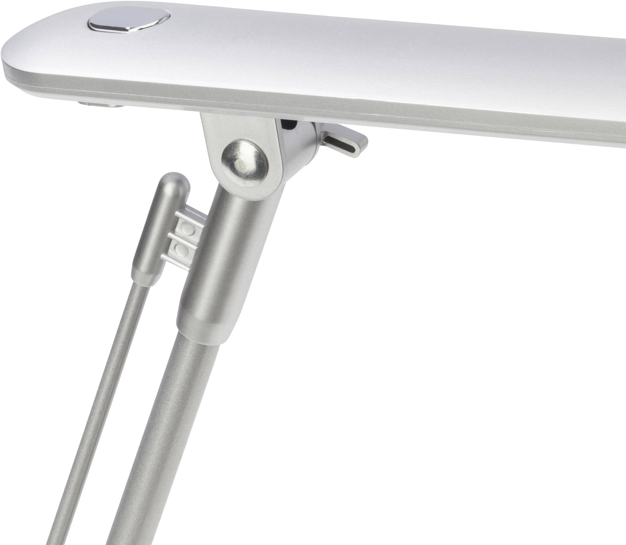 Ein silberner Schreibtischarm in Nahaufnahme, mit Gelenken für einstellbare Winkel.