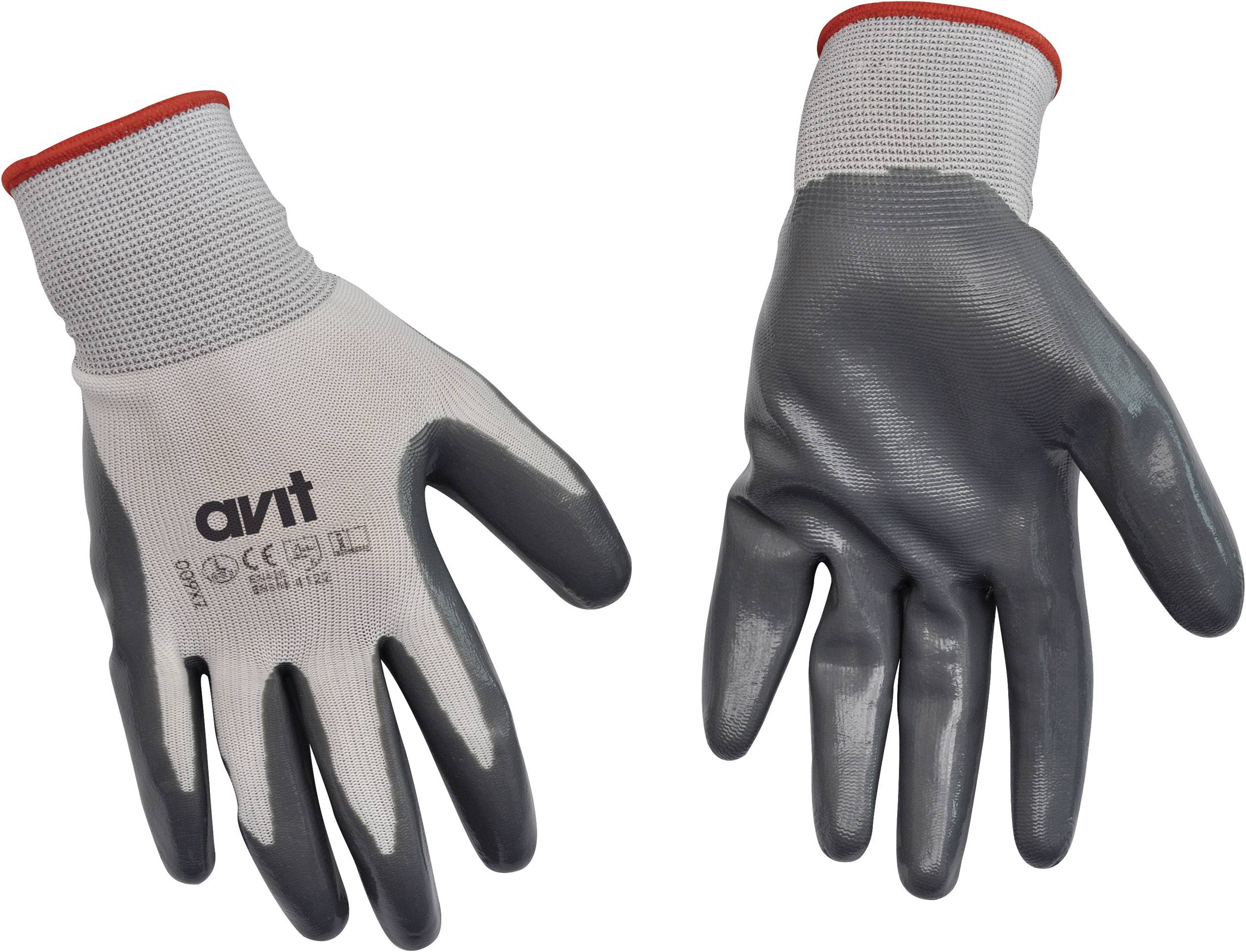 Zwei Arbeitshandschuhe mit grauer Handfläche und weißem Handrücken liegen nebeneinander. Der linke Handschuh zeigt das Logo 'avit'.