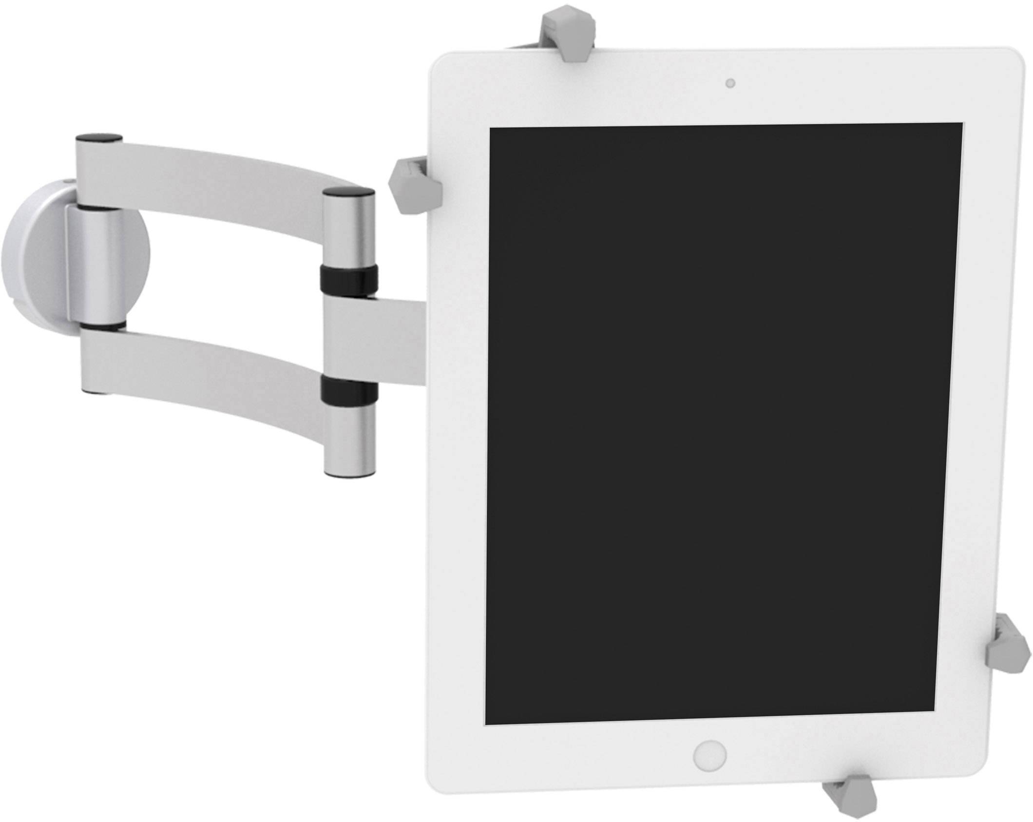 Ein Tablet ist in einer verstellbaren Wandhalterung fixiert. Die Halterung ermöglicht Dreh- und Neigungswinkelanpassungen des Tablets.