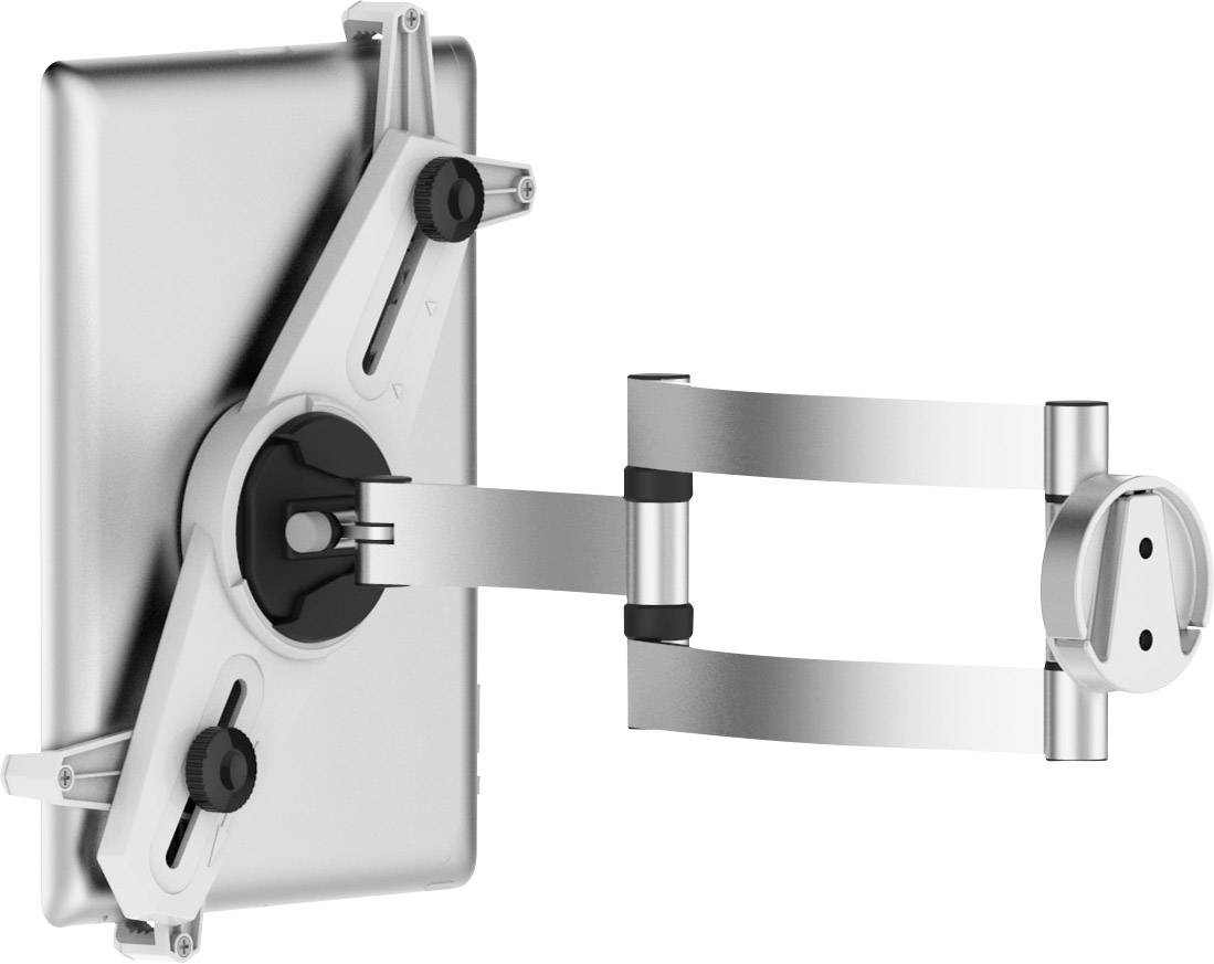 Metallische Monitorhalterung mit flexiblem Arm zur Befestigung an der Wand; verstellbar für verschiedene Bildschirmgrößen.