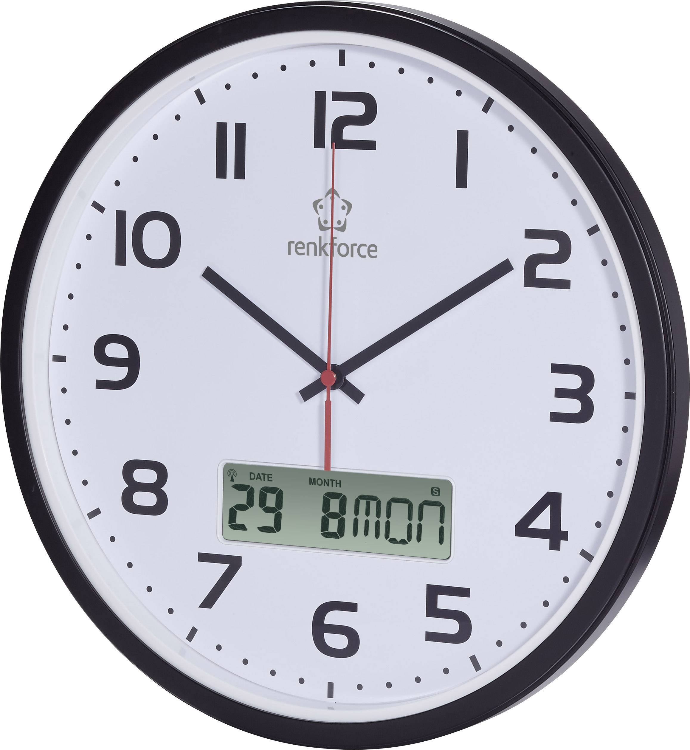 Analoge Wanduhr mit schwarzem Rahmen und digitalem Display unten zeigt das Datum '29 8 MON'. Uhrzeit steht auf 10:10 Uhr.