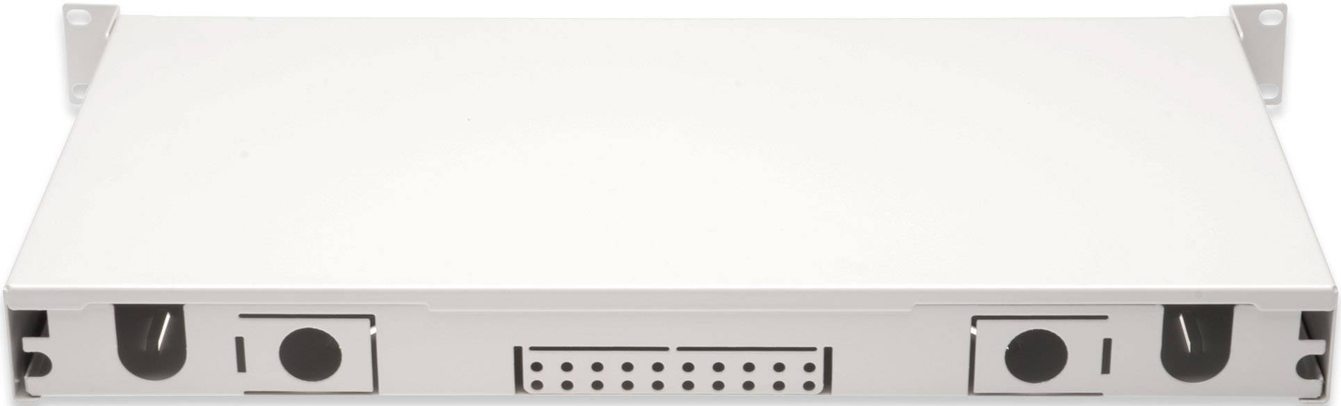 Ein weißes, rechteckiges Metallgehäuse mit Anschlüssen und Lüftungsschlitzen an der Vorderseite, häufig in IT- oder Netzwerkumgebungen verwendet.