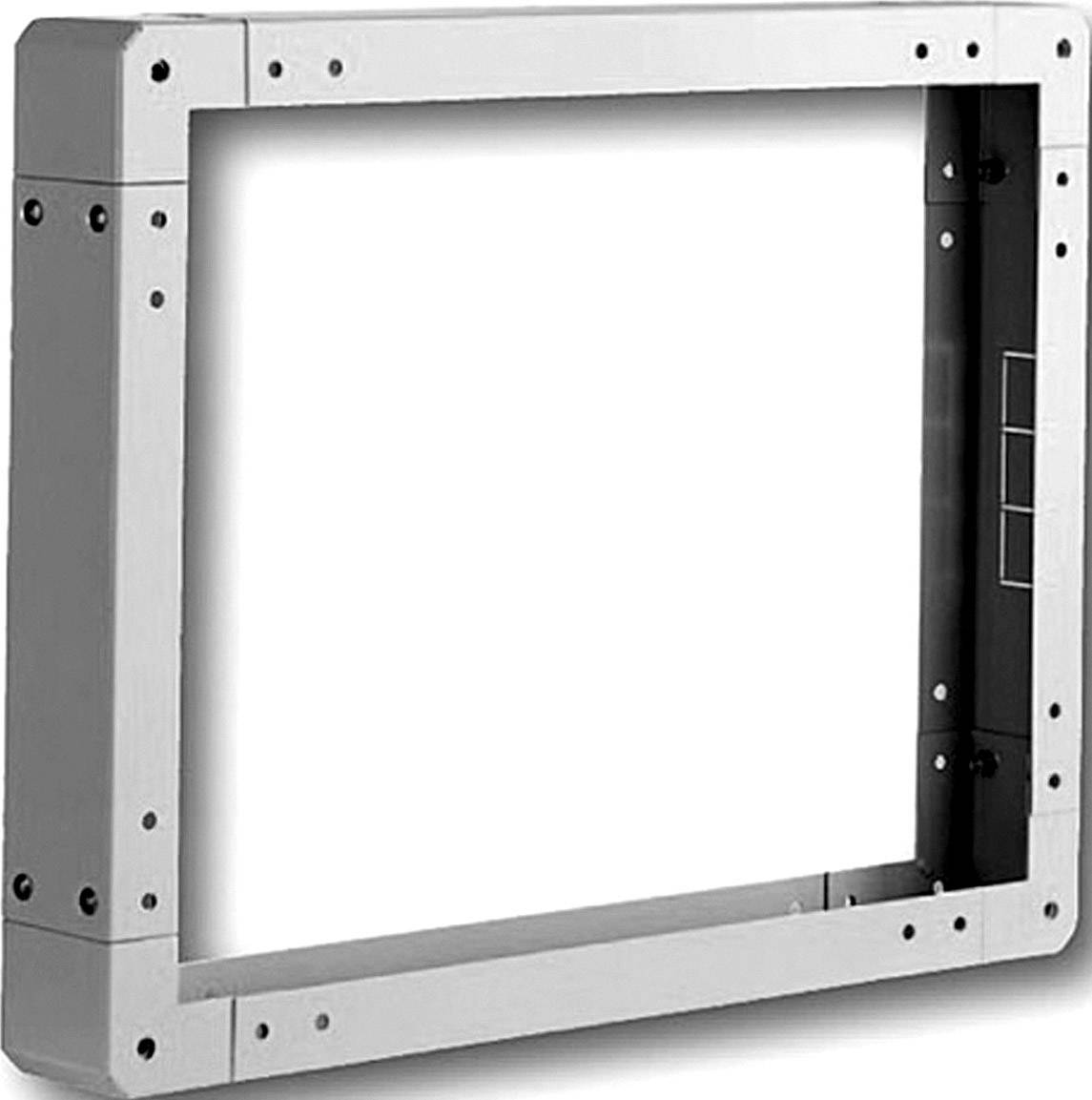 Metallrahmen mit rechteckiger Aussparung, umgeben von Schraubenlöchern und verstärkten Ecken. Geeignet für stabile Halterungen.