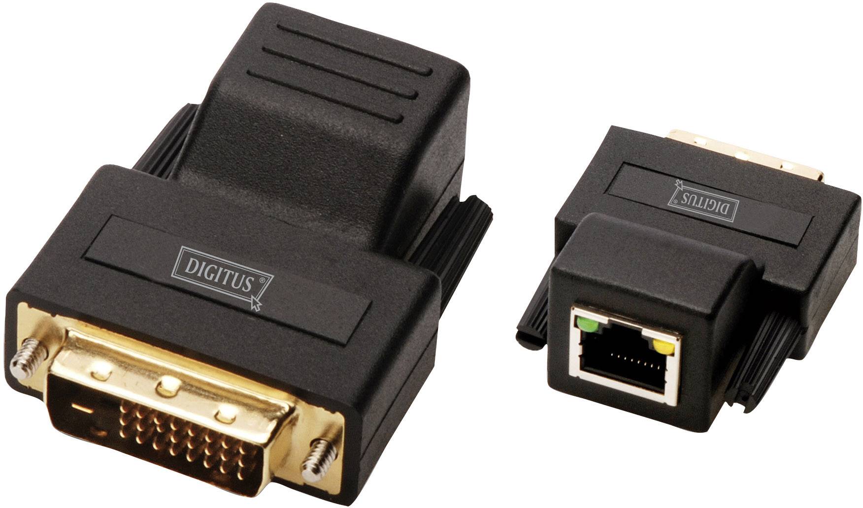 Zwei Adapter: Links ein DVI-zu-VGA-Adapter mit 24-Pin-Anschluss und rechts ein RJ45-zu-HDMI-Adapter.