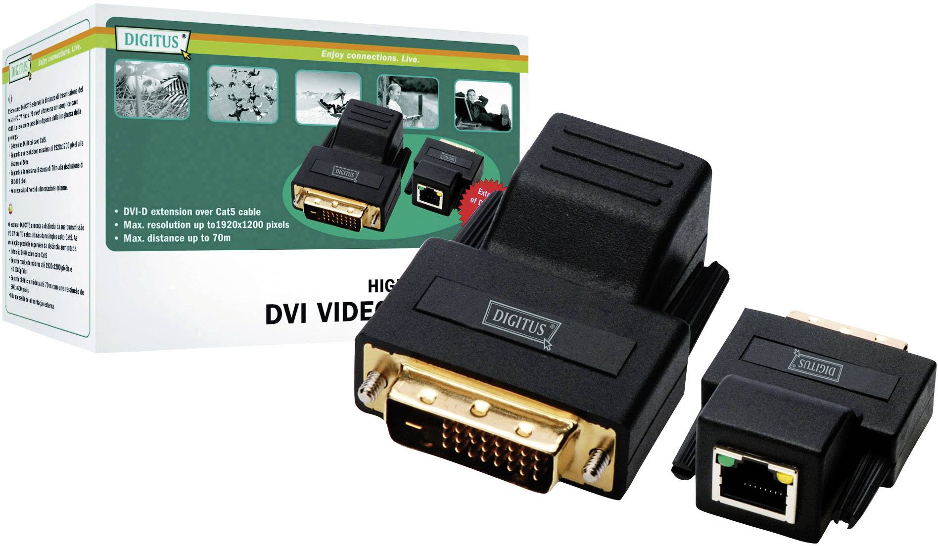 'DIGITUS DVI Video Extender' Verpackung mit gezeigtem Adapter für Netzwerkkabel-Verlängerung zur Übertragung von Videosignalen.