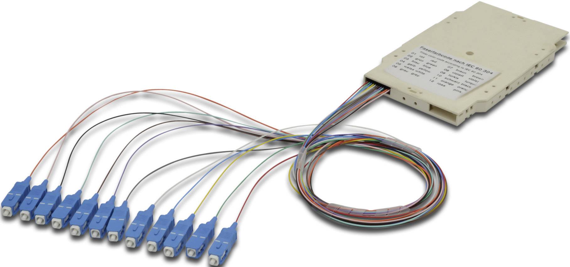Ein optisches Splittermodul mit mehreren farbcodierten Glasfaserkabeln und blauen Anschlüssen.