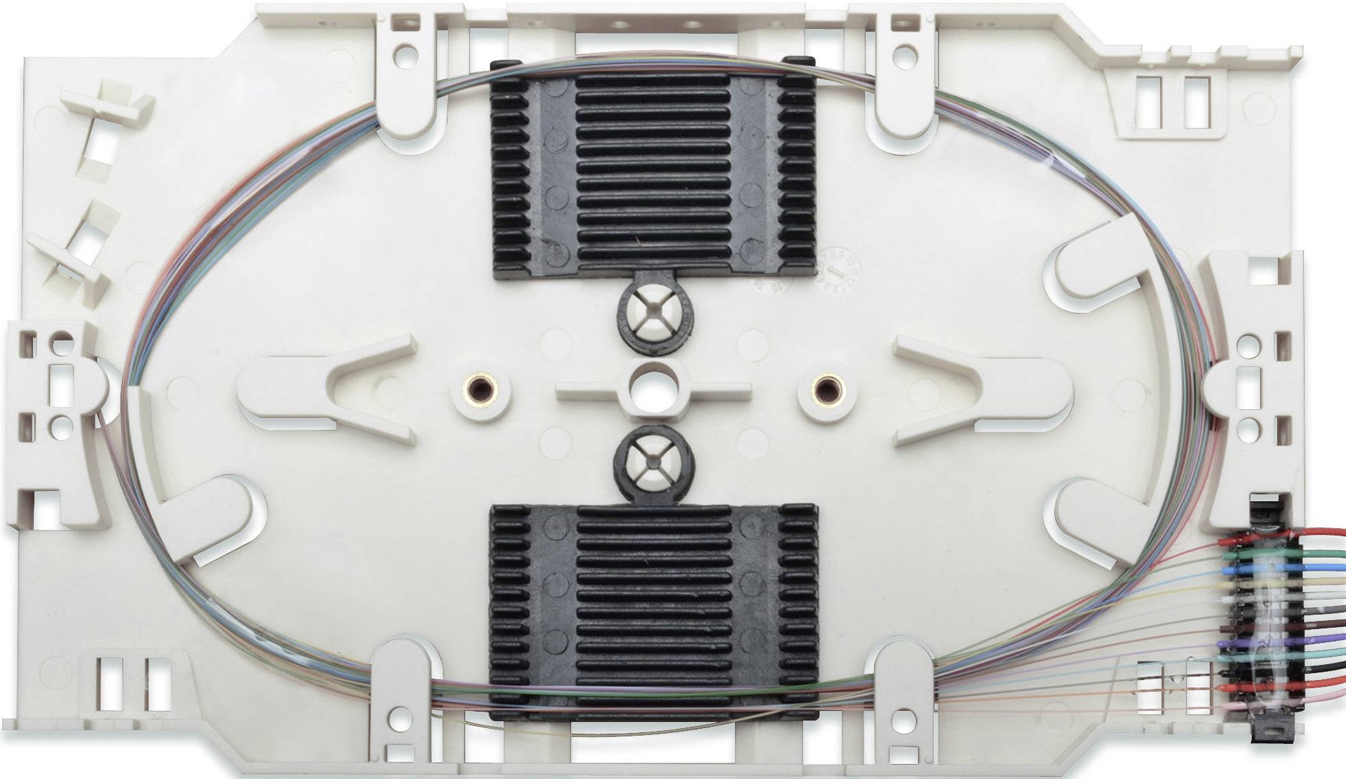 Faseroptik-Spleißbox mit angeordneten Glasfasern und Schutzabdeckungen.