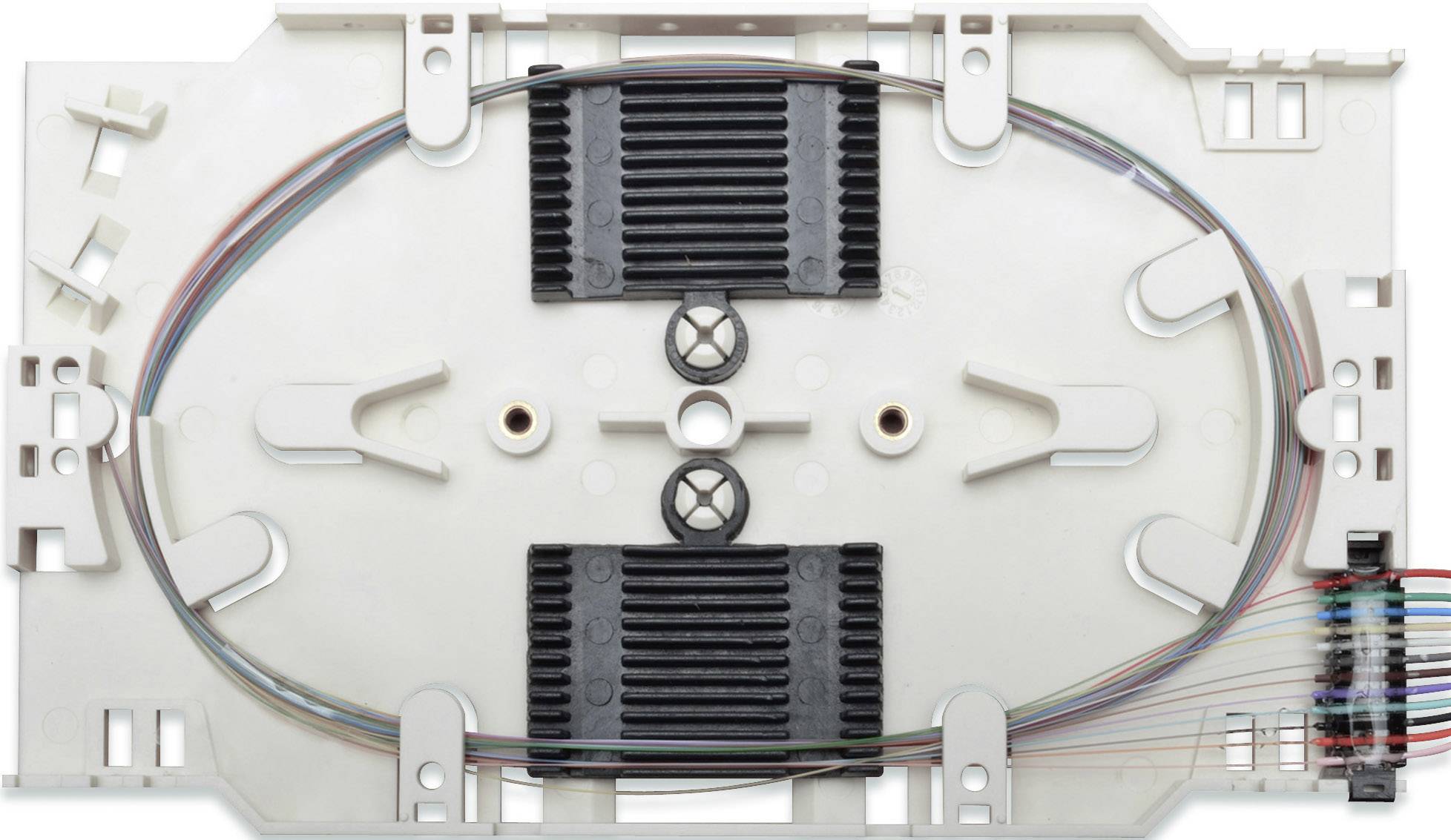 Ein weißes Kunststoffgehäuse enthält Glasfaserverbindungen und ist mit zwei schwarzen Wärmesenken versehen.