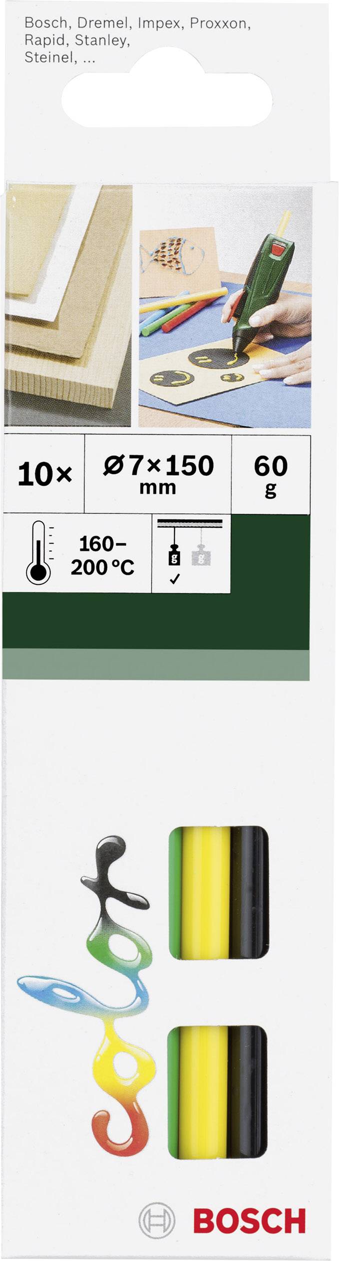 Verpackung für Bosch Heißklebepatronen, 10 Stück, Ø7x150mm, 60g, geeignet für 160-200°C. Enthält bunte Klebebefestigungen.