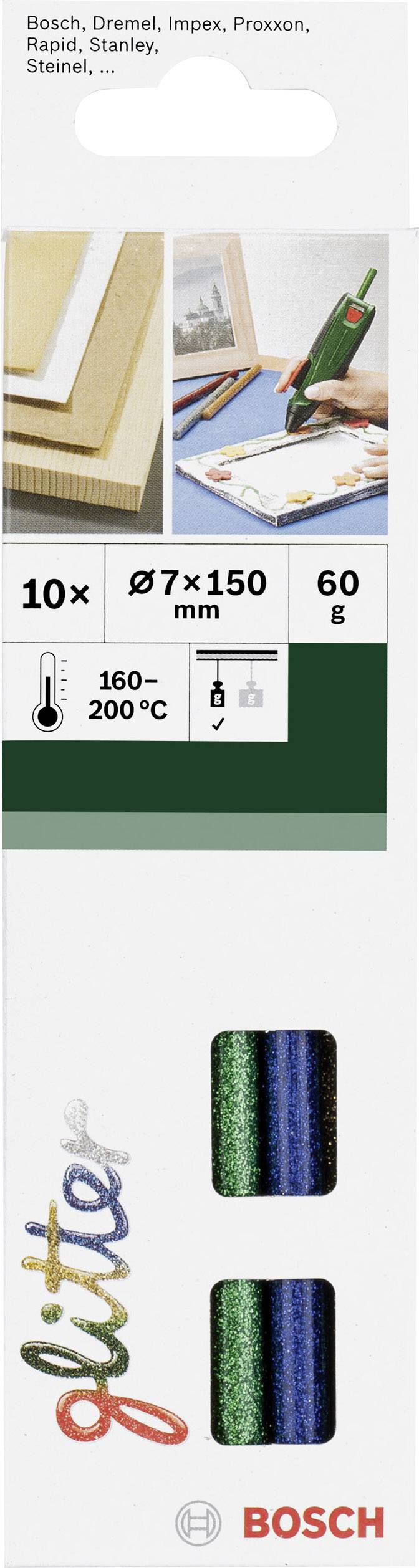 Heißklebepatronen von Bosch, 10 Stück, Ø7x150 mm, 60 g, geeignet für Temperaturen von 160–200 °C. Ideal für Bastelarbeiten.