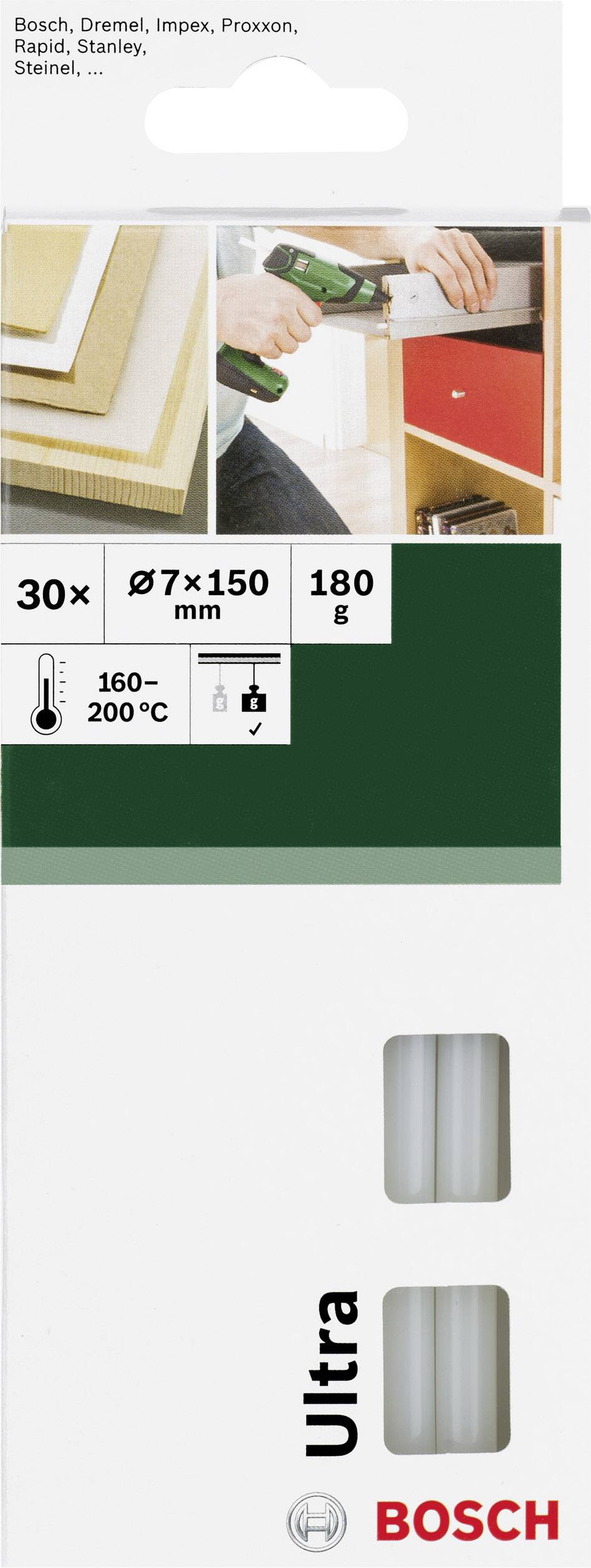 Eine Verpackung mit Heißklebepatronen von Bosch. Oben sind Anwendungsbeispiele abgebildet. Maße: 7x150 mm, 180 g, 160–200 °C.