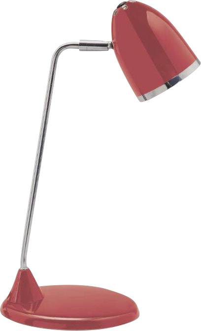 Rote Schreibtischlampe mit gebogenem Metallarm und runder Basis. Ideal für klare Beleuchtung am Arbeitsplatz oder zum Lesen.