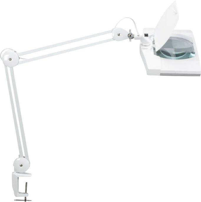 Verstellbare weiße Lupenlampe mit Klemmbefestigung zur Tischmontage, ideal zum Vergrößern kleiner Details bei Arbeiten.