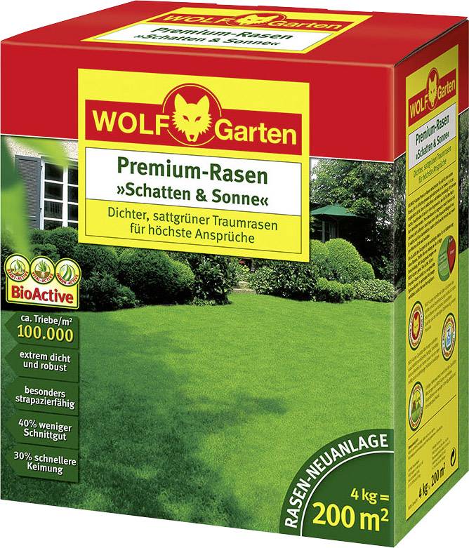 'WOLF-Garten Premium-Rasen Schatten & Sonne' Rasen-Saatgut. Beinhaltet BioActive Technologie, geeignet für 200 m², dichter und robuster Wuchs.