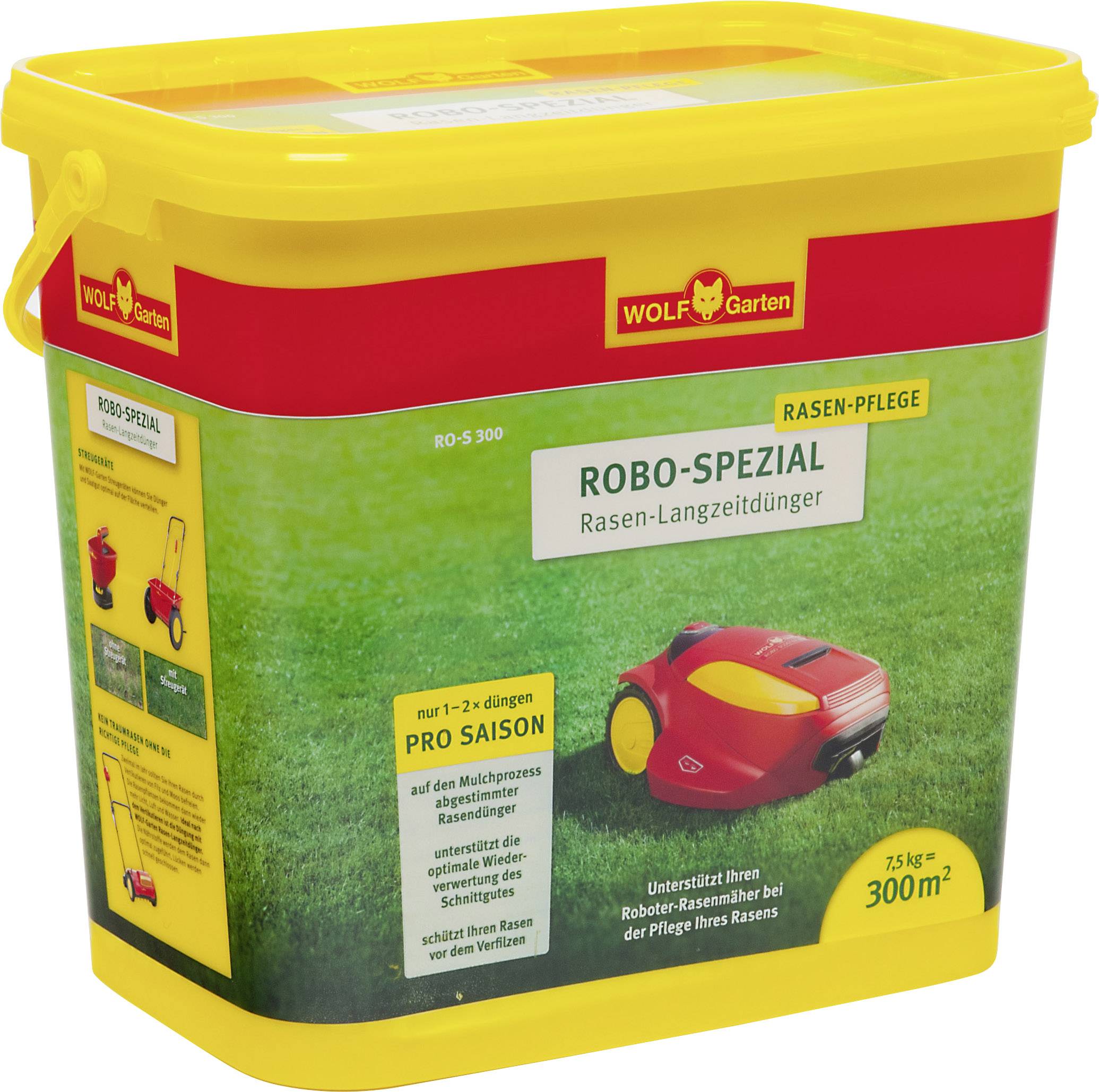 Gelber Eimer mit rotem Deckel, beschriftet mit 'Robo-Spezial Rasendünger'. Geeignet für 300 m². Bild eines Mähroboters auf Gras.