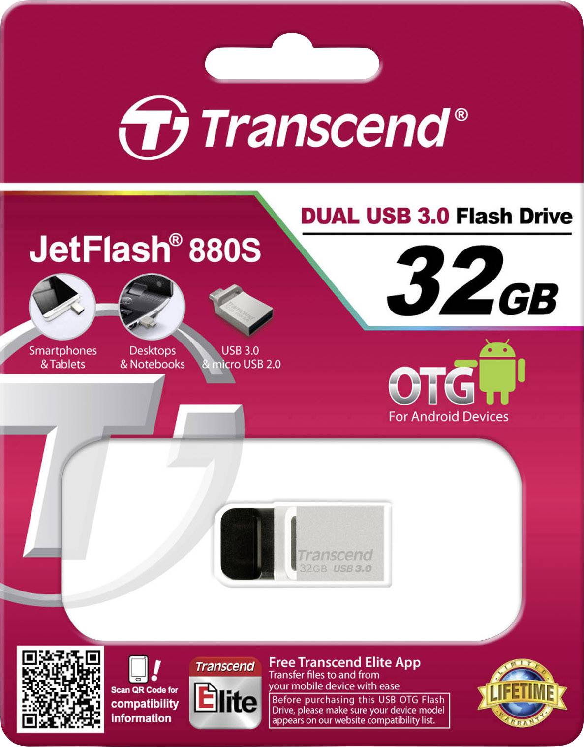 Transcend JetFlash® 880 USB-Zusatzspeicher Smartphone/Tablet Silber 32 GB USB-A (USB 3.2 Gen 1), Micro-USB B (USB 2.0)