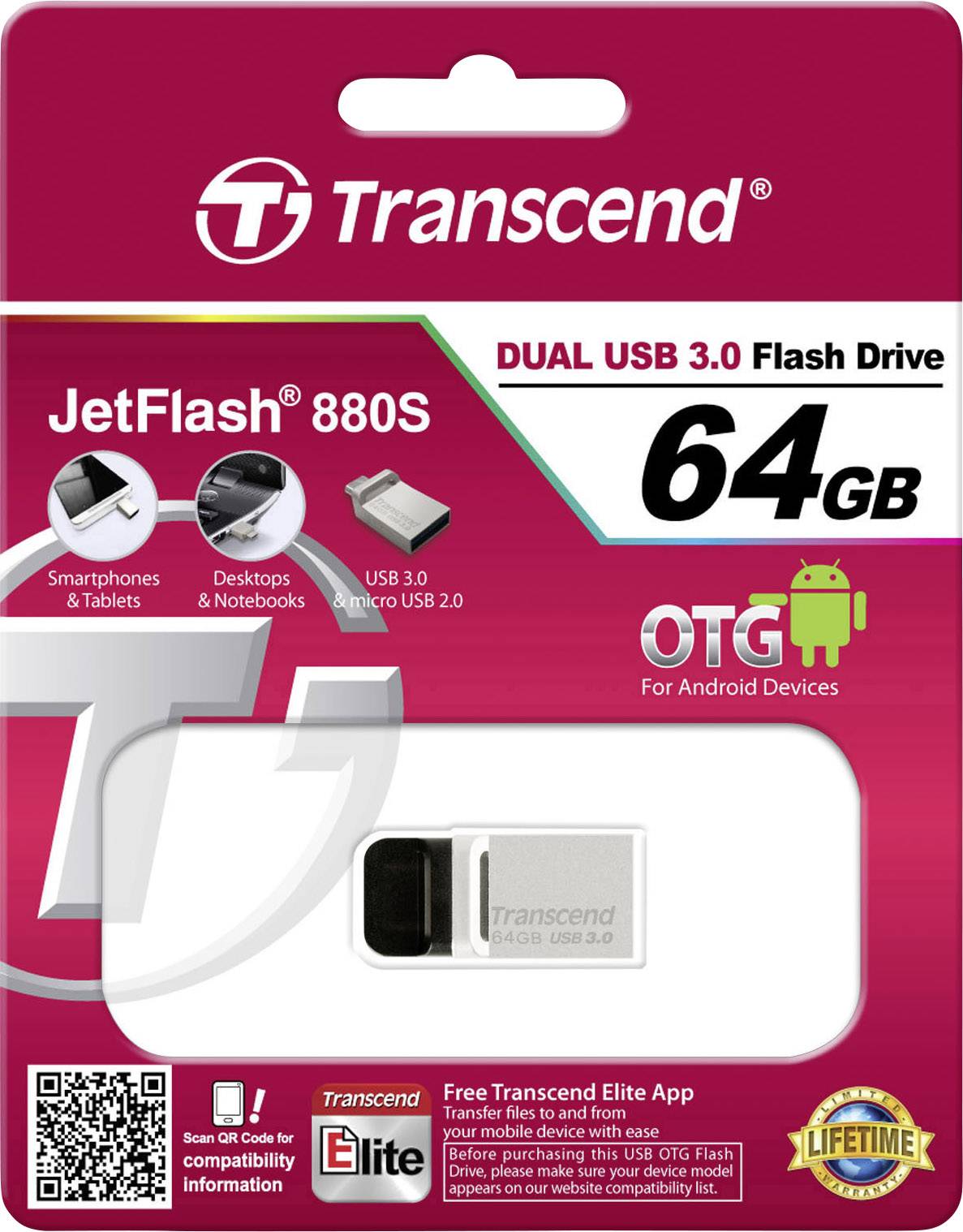 Transcend JetFlash® 880 USB-Zusatzspeicher Smartphone/Tablet Silber 64 GB Micro USB
