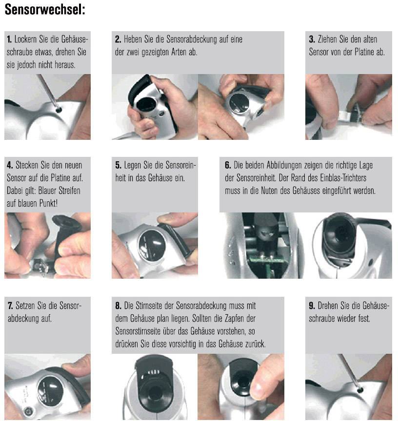 Anleitung zum Sensorwechsel: Schritte 1 bis 9 mit Bildern, die das Entfernen und Einsetzen des Sensors in ein Gehäuse darstellen.