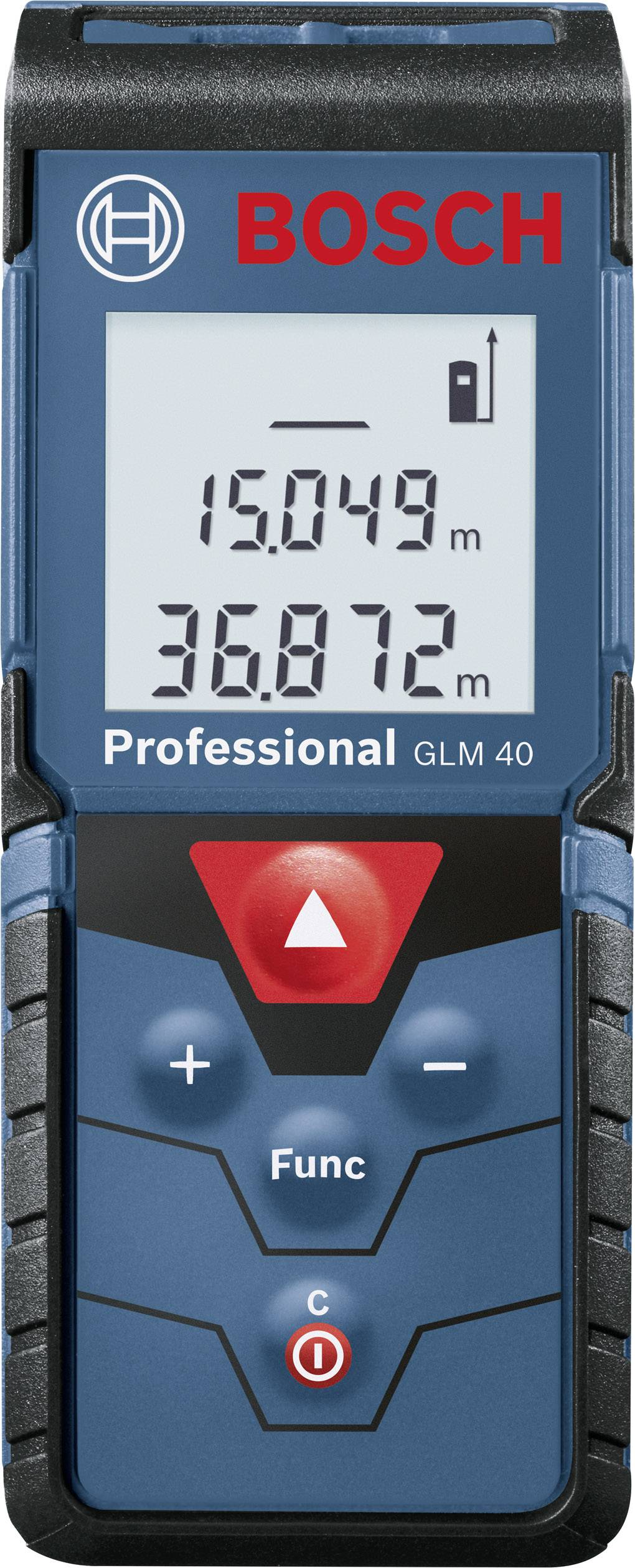 Bosch GLM 40 Laser-Entfernungsmesser zeigt Messungen von 15,049 m und 36,872 m auf dem Display.