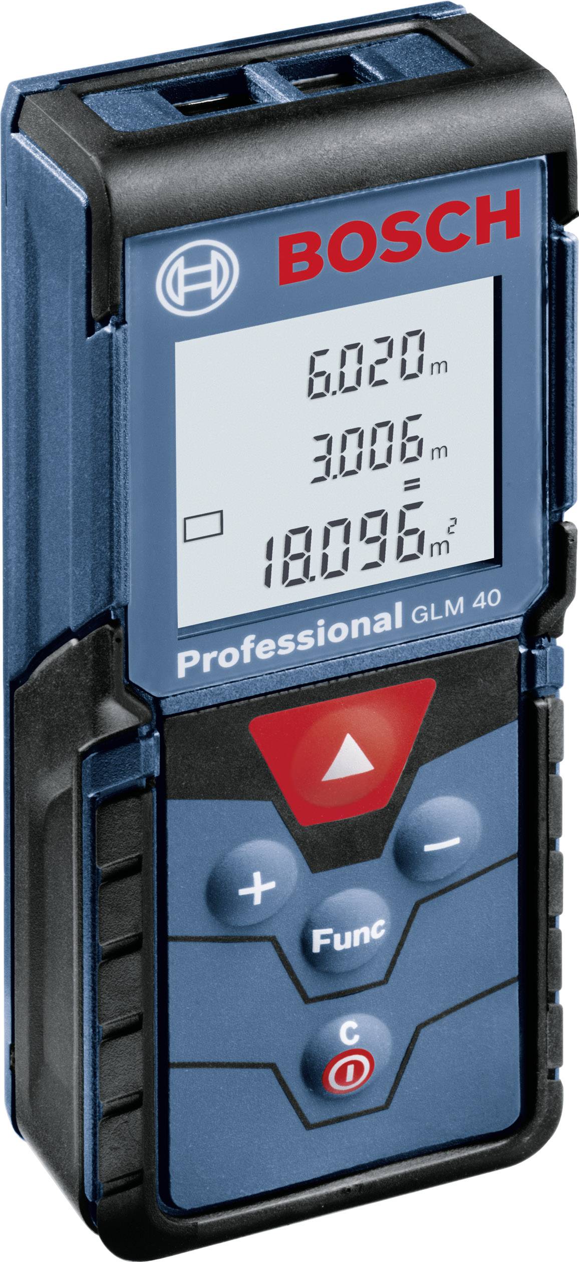 Bosch Laser-Entfernungsmesser GLM 40 mit digitalem Display zeigt Messwerte von 6,020 m, 3,006 m und 18,096 m² an.