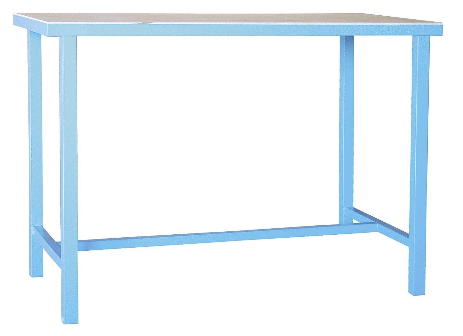 Ein blauer Tisch mit rechteckiger Tischplatte und vier geraden Beinen, minimalistisch im Design ohne zusätzliche Details.