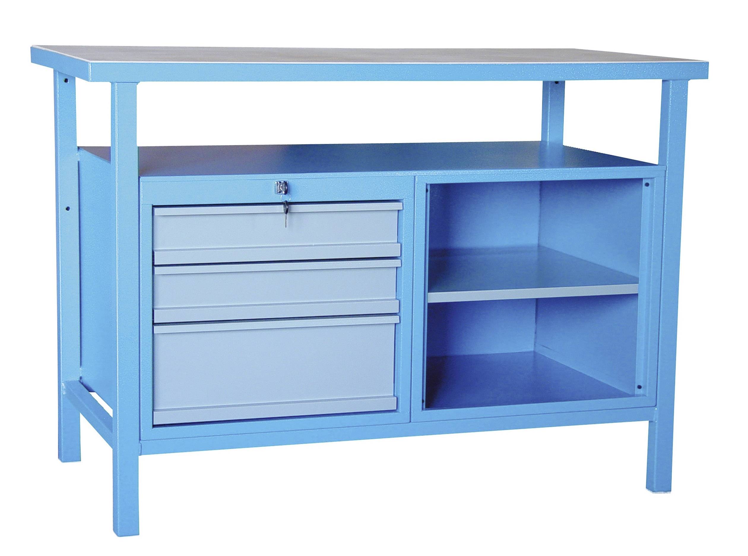 Ein blaues Werkbankregal mit drei geschlossenen Schubladen auf der linken Seite und zwei offenen Regalfächern.