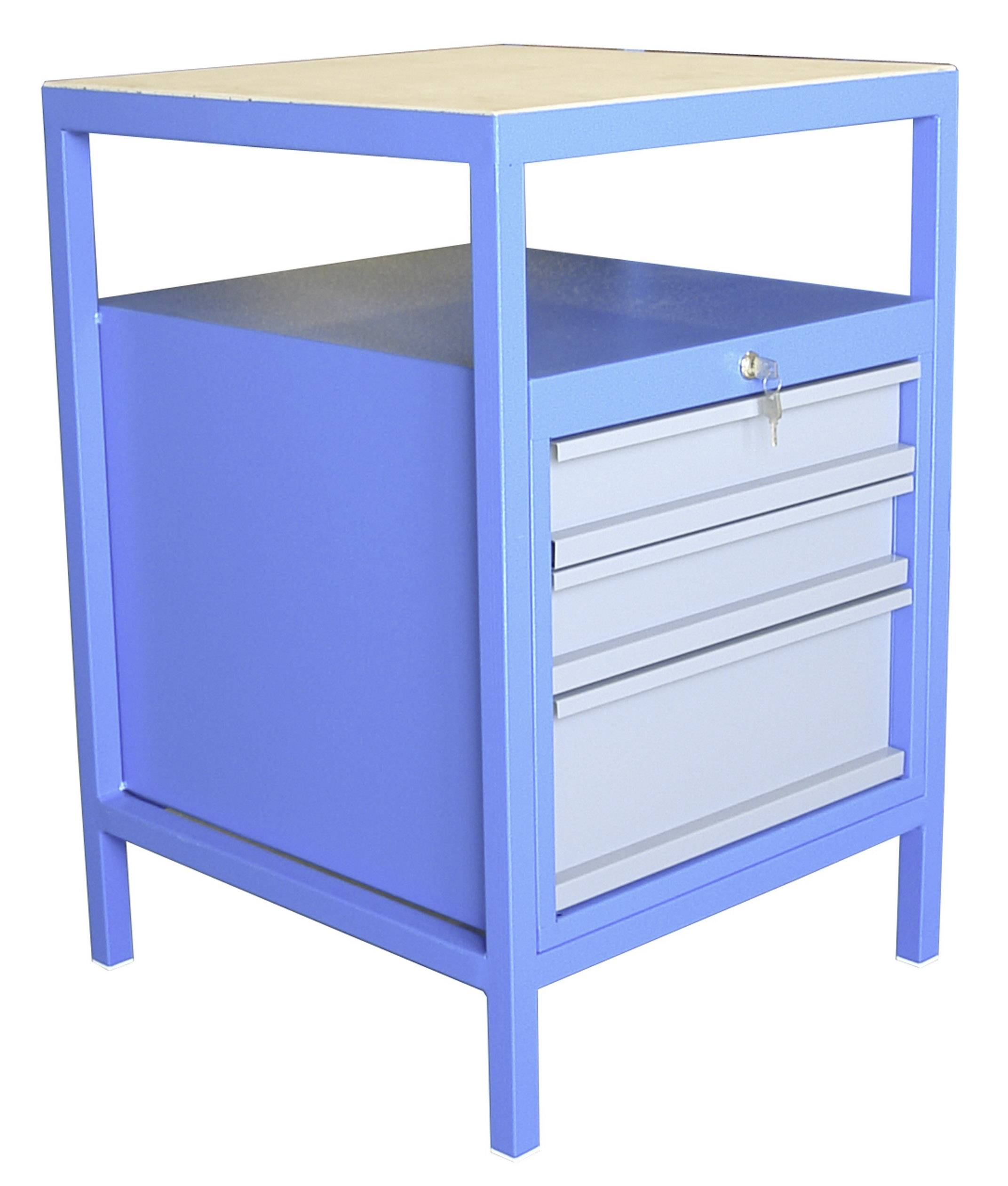 Blauer Metallwerkstattschrank mit drei Schubladen und einer verschließbaren Tür, geeignet zur Werkzeugaufbewahrung.