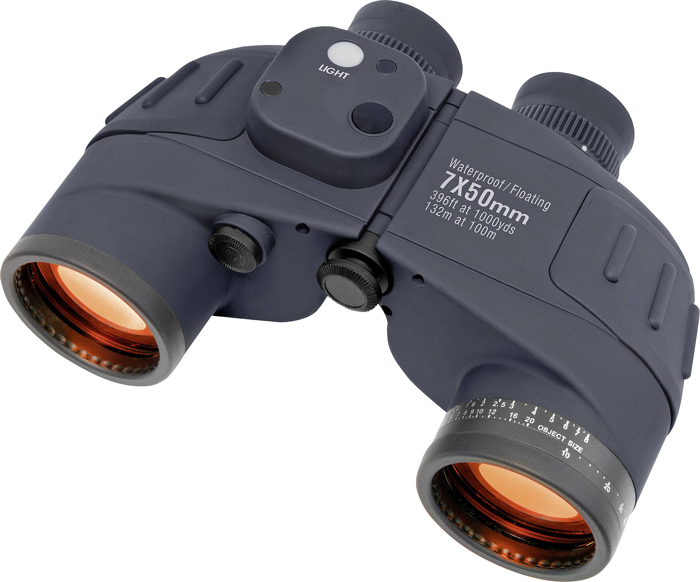 Schwarzes Fernglas mit einer Vergrößerung von 7x50mm, wasserdicht und schwimmfähig, geeignet für den Einsatz auf dem Wasser.