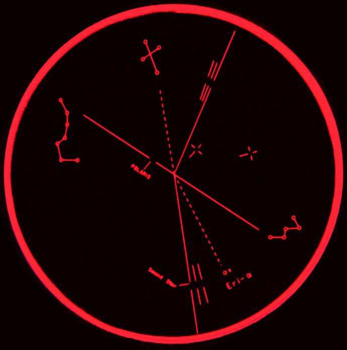 Kreisförmiges Diagramm mit roten Linien und Symbolen auf schwarzem Hintergrund, zeigt verschiedene geometrische Formen und Markierungen.