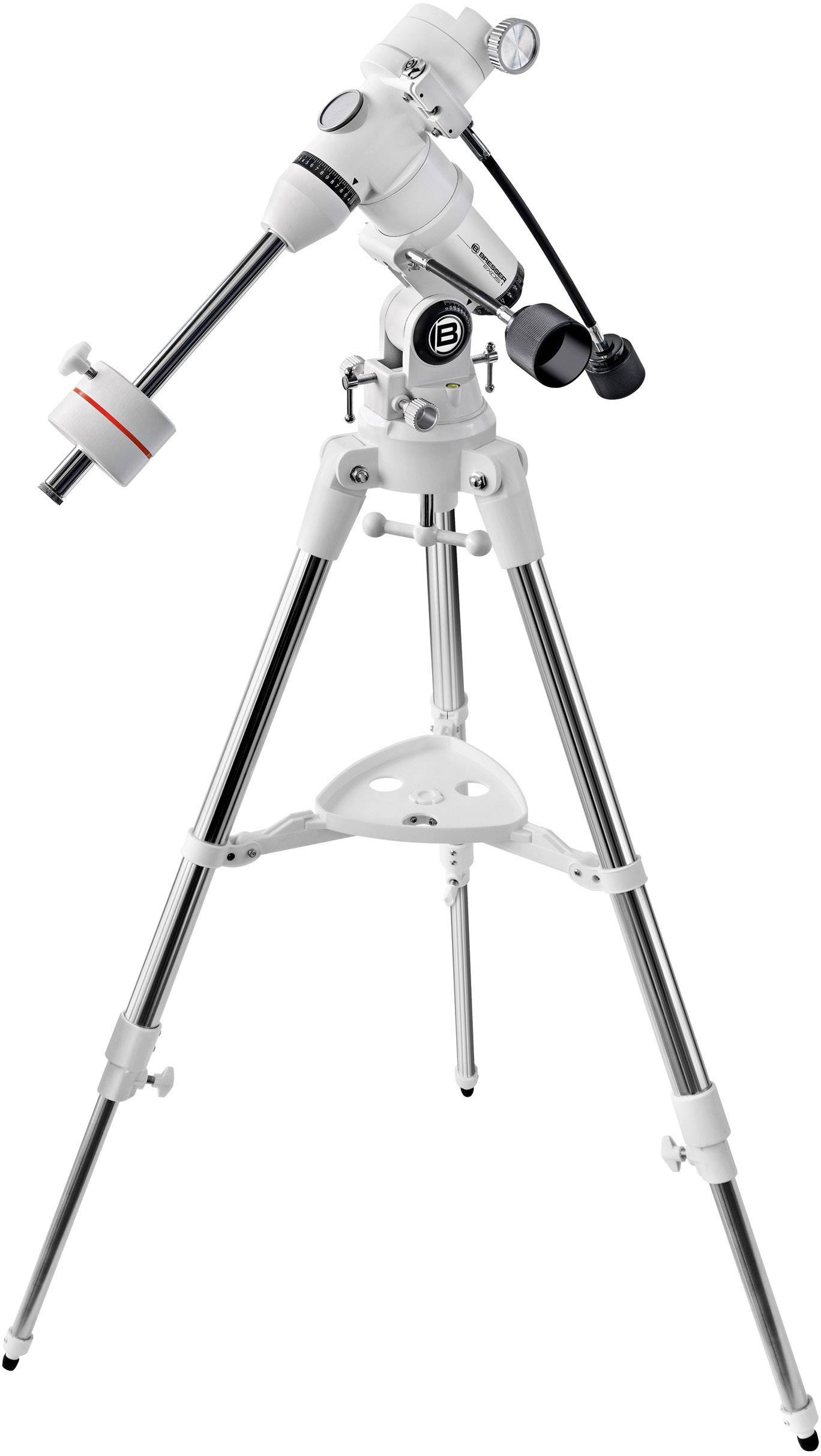 Weißes Teleskop auf einem silbernen Stativ, geeignet für astronomische Beobachtungen.