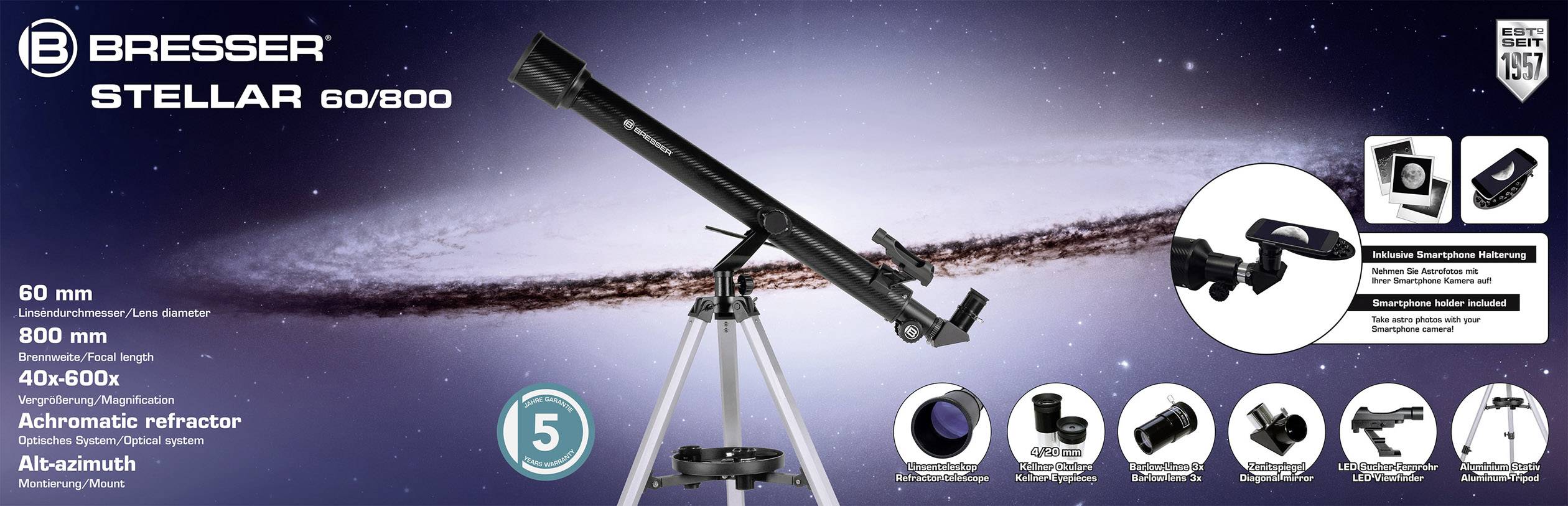 Bresser Optik Stellar 60/800 AZ Linsen-Teleskop Azimutal Achromatisch Vergrößerung 40 bis 600 x