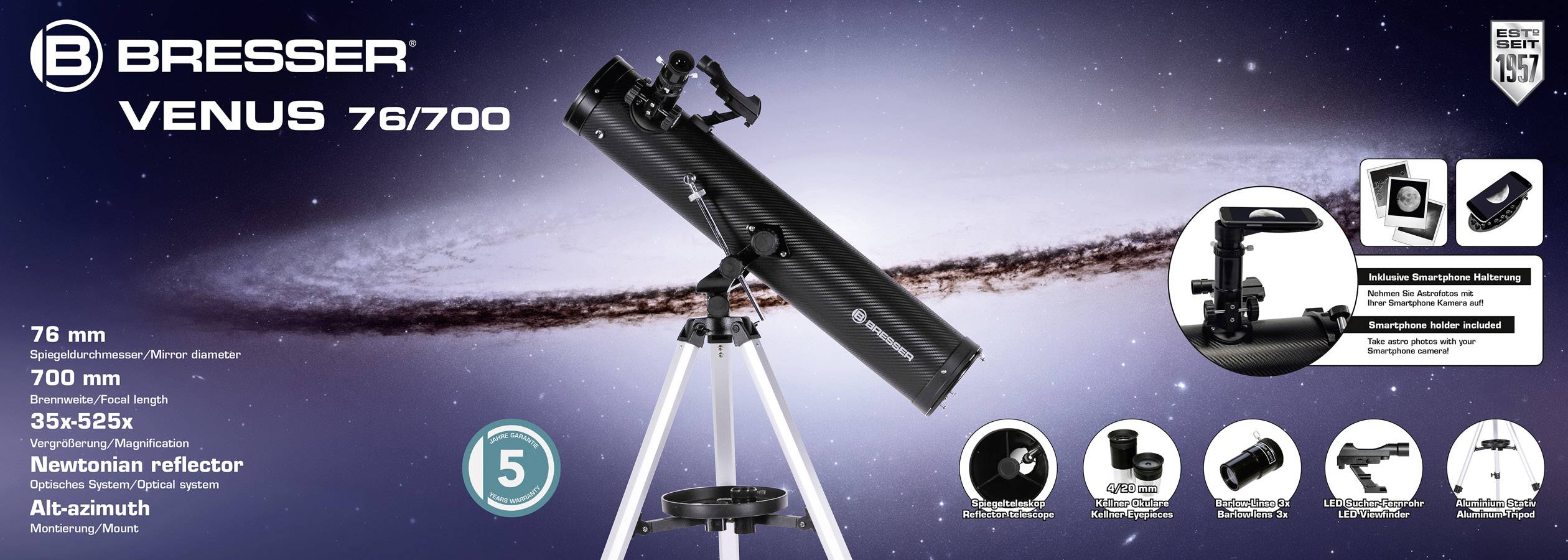 Bresser Optik Venus 76/700 AZ Spiegel-Teleskop Azimutal Newton Vergrößerung 35 bis 525 x