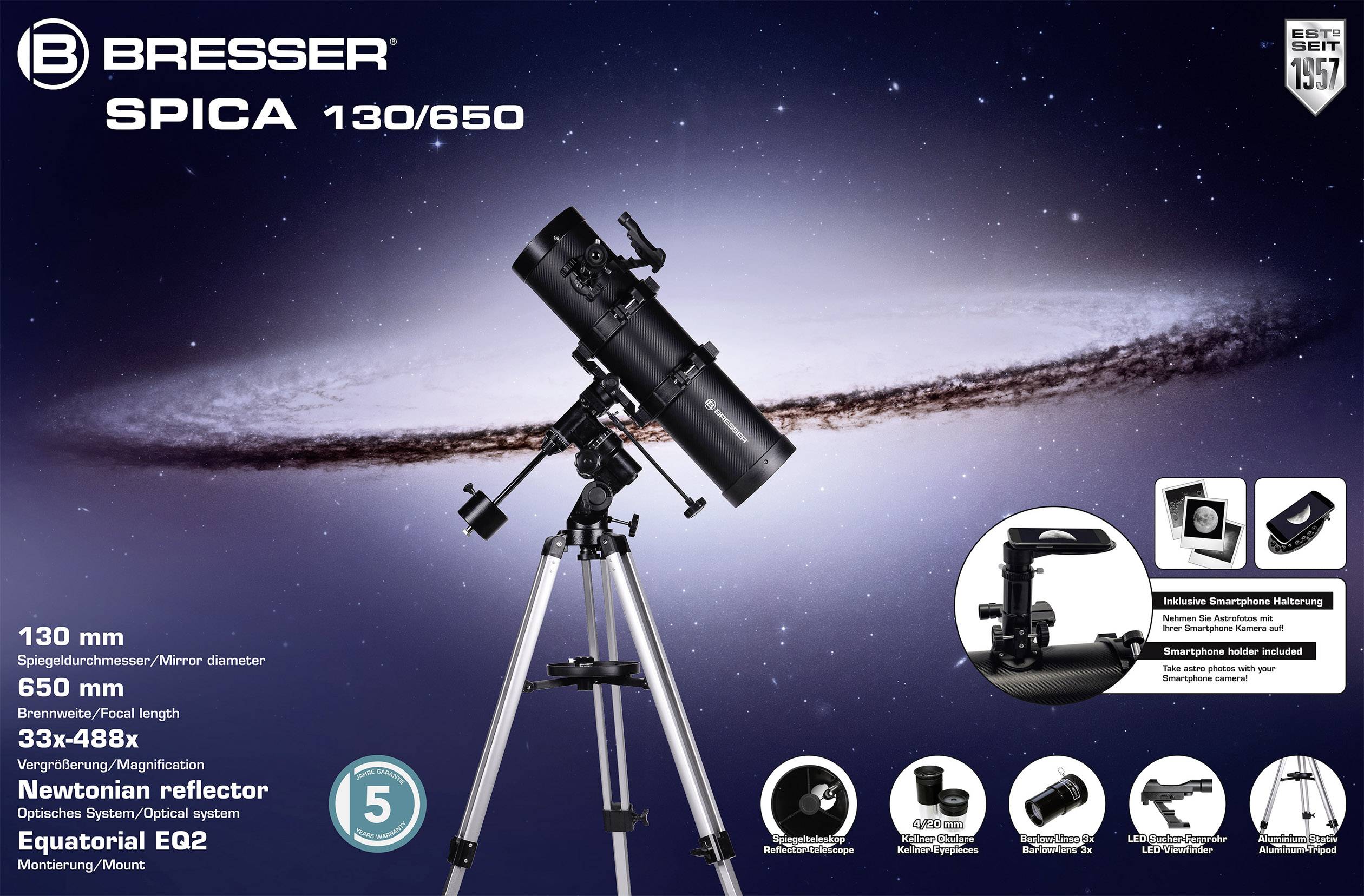 Bresser Optik Spica 130/650 EQ2 Spiegel-Teleskop Äquatorial Newton Vergrößerung 32 bis 488 x