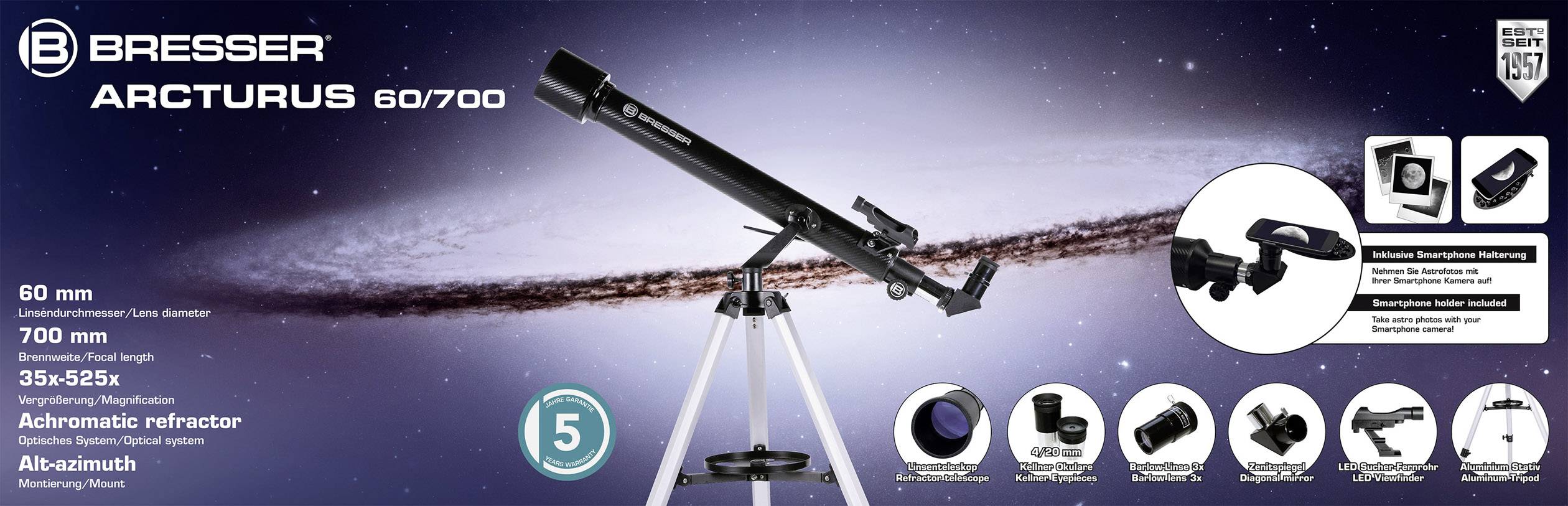 Bresser Optik Arcturus 60/700 AZ Linsen-Teleskop Azimutal Achromatisch Vergrößerung 35 bis 525 x