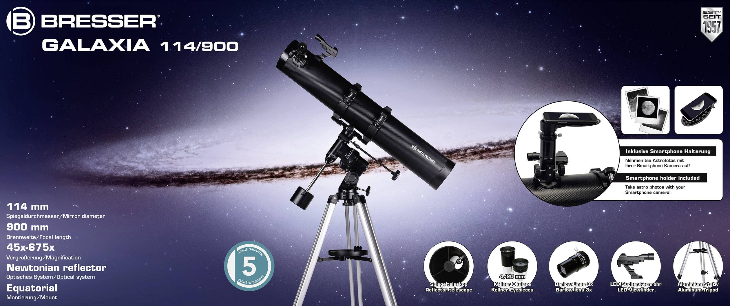 Bresser Optik Galaxia 114/900 EQ Spiegel-Teleskop Äquatorial Newton Vergrößerung 45 bis 675 x