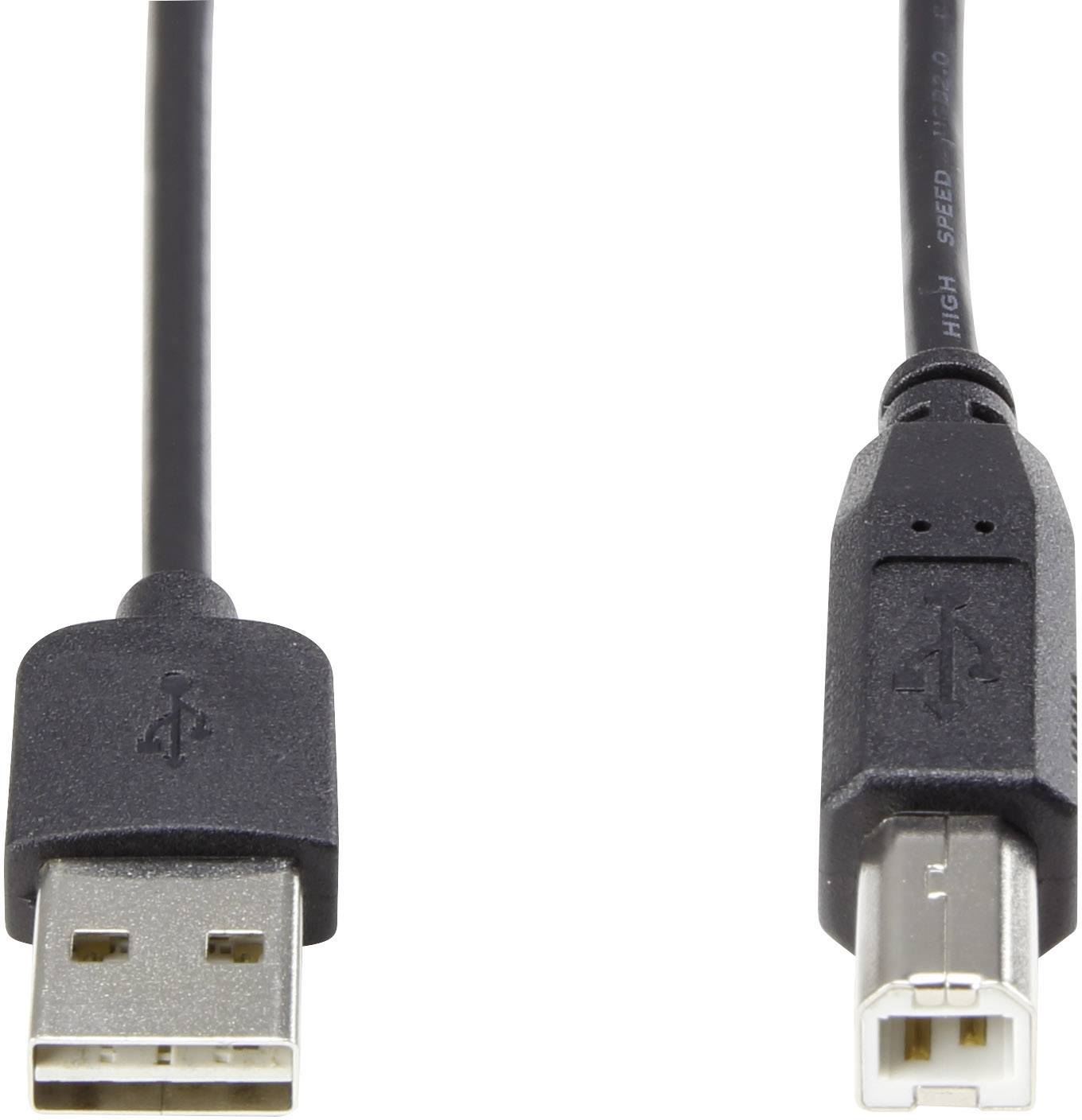 Ein schwarzes USB-Kabel mit einem USB-A-Stecker auf der linken Seite und einem USB-B-Stecker auf der rechten Seite vor weißem Hintergrund.