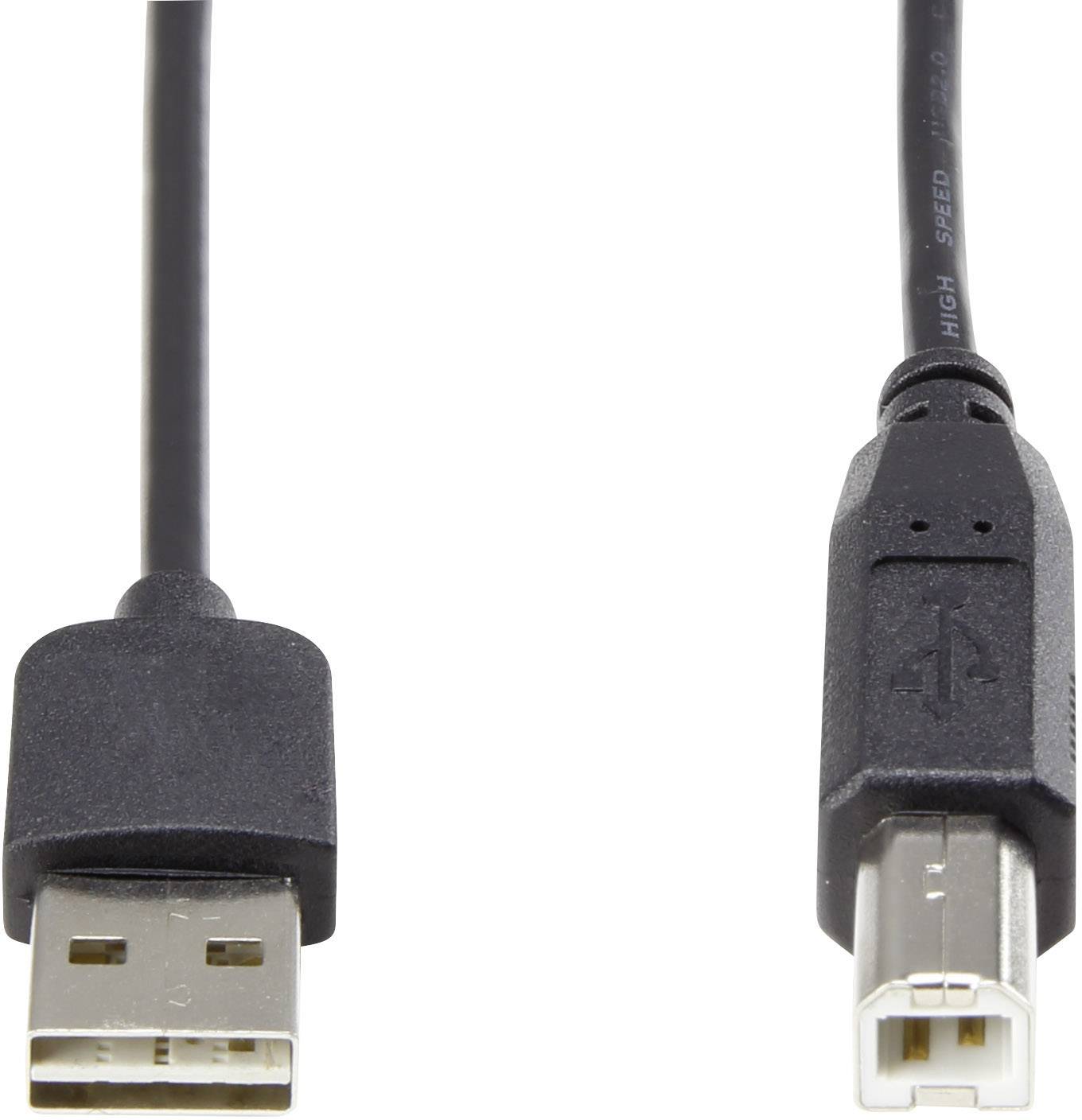 Ein schwarzes USB-Kabel mit einem USB-A-Stecker links und einem USB-B-Stecker rechts, auf weißem Hintergrund.