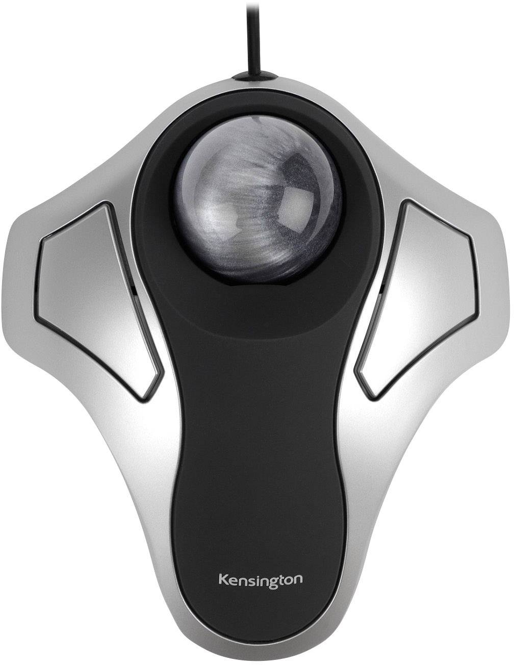 Die Abbildung zeigt eine ergonomische, kabelgebundene Trackball-Maus mit zwei Tasten von Kensington. Sie ist silbern mit schwarzer Oberfläche.