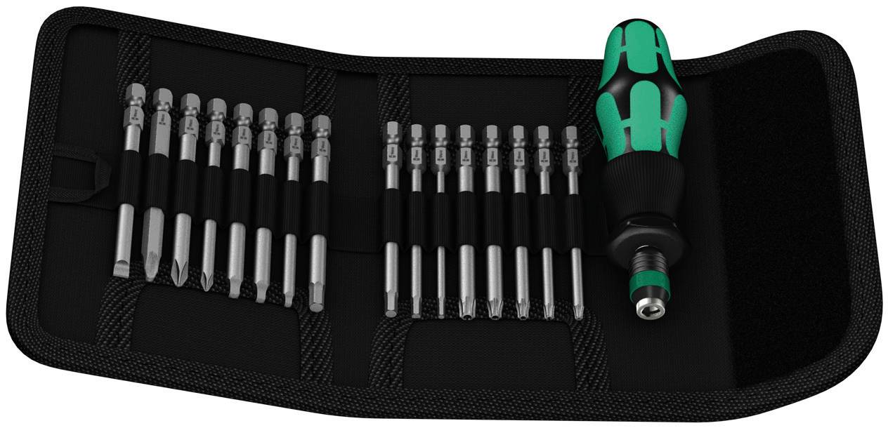 Ein Werkzeugset in einer offenen schwarzen Tasche. Links sind mehrere Schraubendreher-Bits in Halterungen, rechts ein Griff.