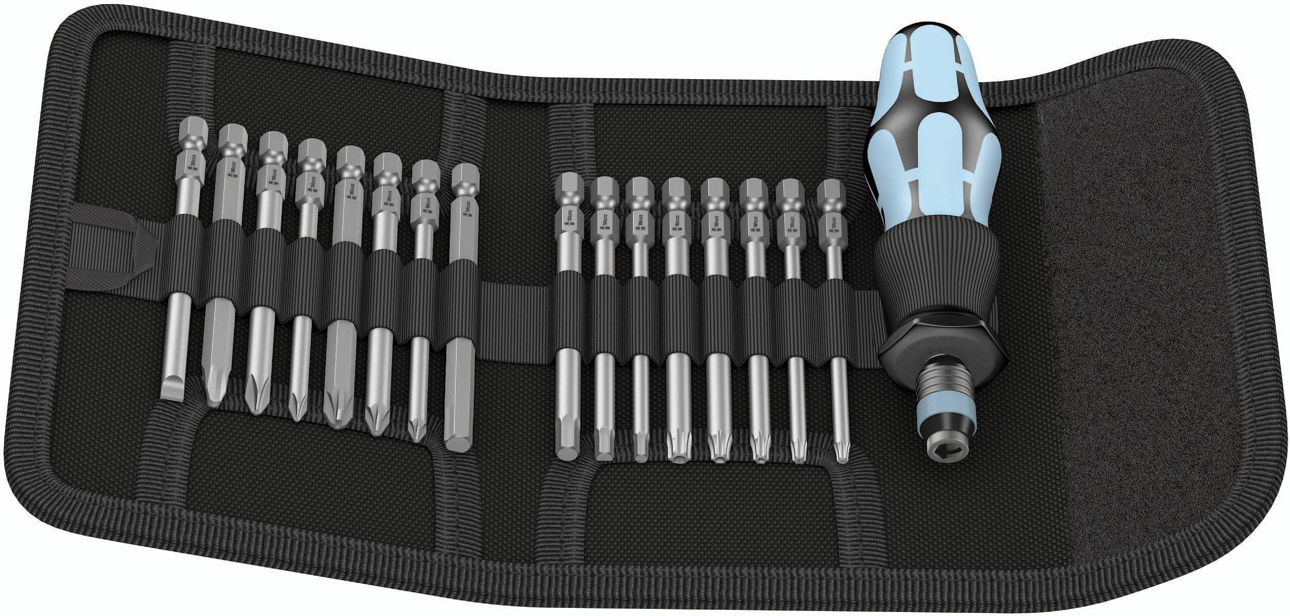 Schraubendrehersatz mit verschiedenen Aufsätzen und Griff, in einem offenen Etui aufbewahrt. Ideal für vielseitige Reparaturen.