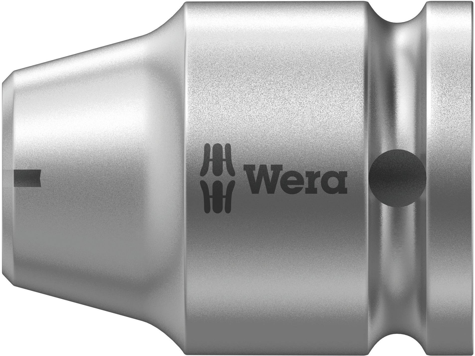 Metallisches Werkzeugvorsatzstück mit 'Wera'-Logo, kompatibel mit Elektrowerkzeugen, robustes und funktionales Design für Präzision.