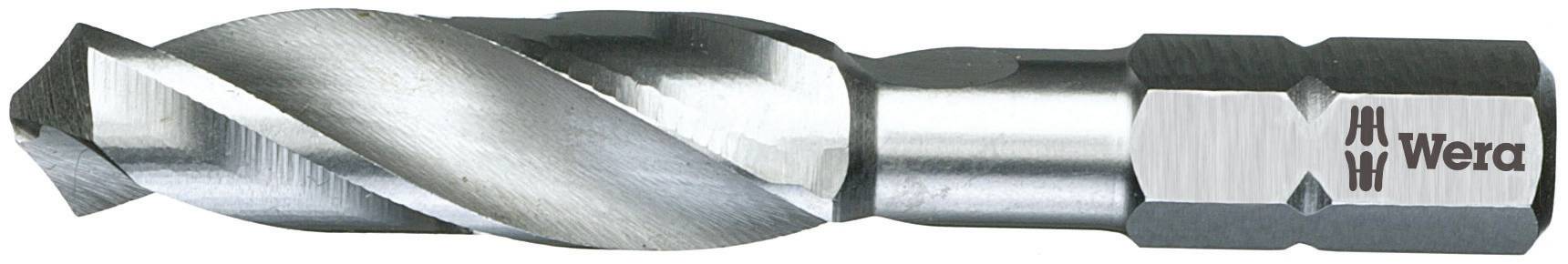 Metallbohrer-Aufsteckbit von Wera in silberner Farbe, geeignet für Holz- und Metallanwendungen mit sechskantigem Schaft.