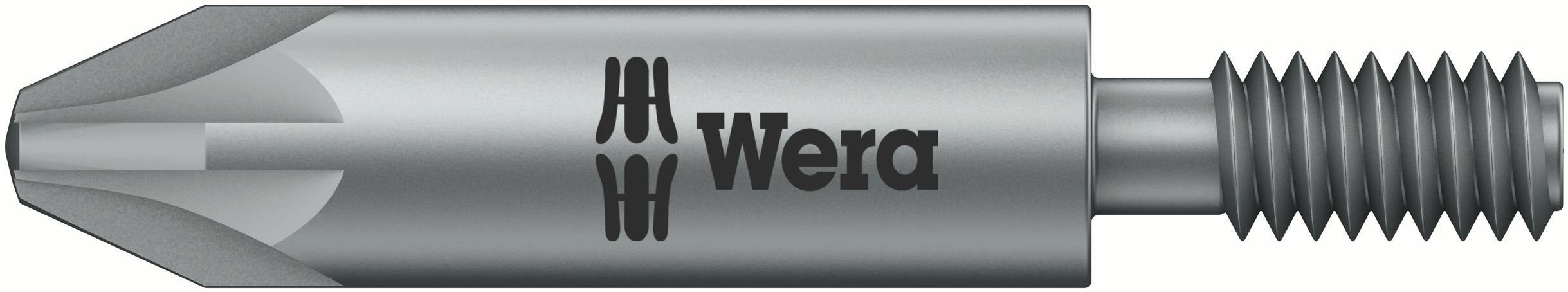 Bitschraube mit Schraubenzieherspitze links und Gewinde rechts, bedruckt mit 'Wera'-Logo auf der Seite.