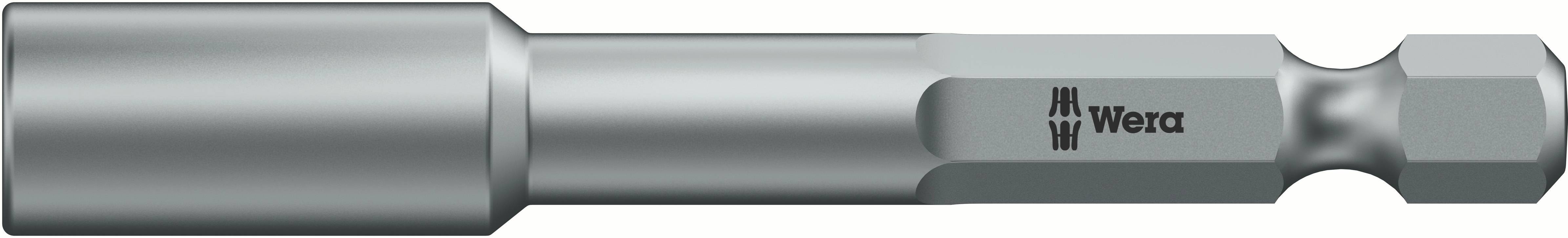 Sechskant-Bitaufnahme adapter aus Metall mit 'Wera'-Logo, ermöglicht den Einsatz von Sechskant-Schraubenbits in Bohrmaschinen.