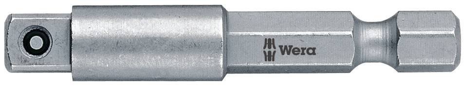 Metall-Verlängerungsteil mit quadratischem Antrieb an einem Ende und sechseckigem Antrieb am anderen, 'Wera'-Logo eingraviert.