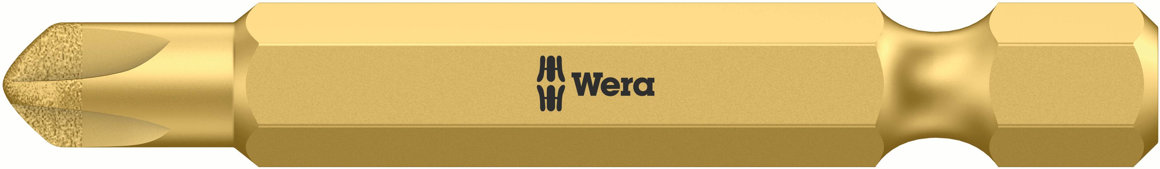 Schraubendreherbit aus goldenem Metall mit Kreuzschlitzspitze und 'Wera'-Logo in der Mitte.