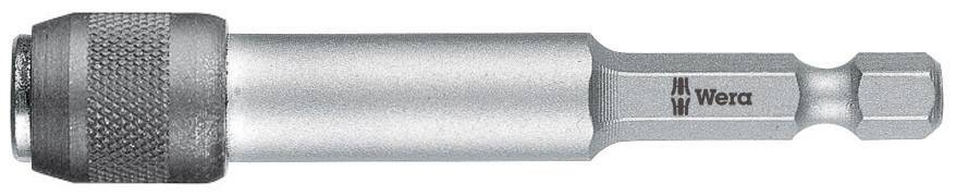 Metallischer Bithalter mit strukturiertem Griff und sechseckiger Aufnahme, 'Wera'-Logo seitlich, dient zur Befestigung von Bits.