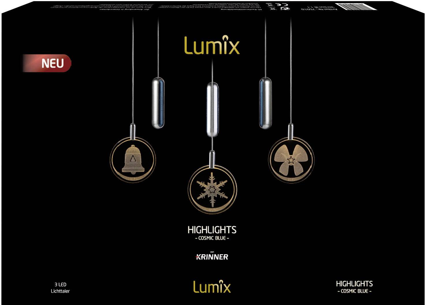 Lumix 76020 Weihnachtsbaumkugel Schneeflocke, Glöckchen, Schleife Warmweiß LED Blau, Transparent