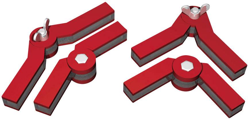 Zwei rote, V-förmige Spannvorrichtungen aus Kunststoff mit grauen Gummieinlagen, die zum Fixieren von Objekten verwendet werden.