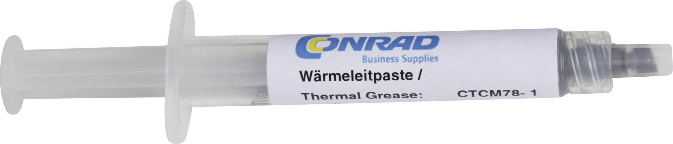 Eine Spritze mit dem Aufdruck 'Wärmeleitpaste' und einem Logo. Enthält Wärmeleitpaste zur Verbesserung der Wärmeableitung in elektronischen Geräten.